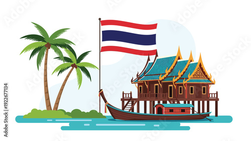 Beautiful Thai house on stilts with a traditional roof standing in the water near palm trees and the national flag of Thailand.