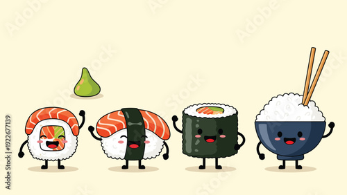 Group of cute and happy cartoon sushi characters and a bowl of rice waving cheerfully on a warm cream background.
