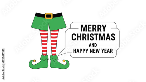 Christmas elf legs in red and white striped stockings with green curly shoes and a festive holiday greeting message.