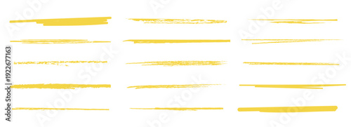 Yellow highlight though set. Underline pencil lines, Doodle elements. Handwritten brush line