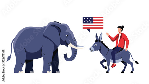 Political concept illustration showing a person riding a donkey and an elephant representing US political parties.