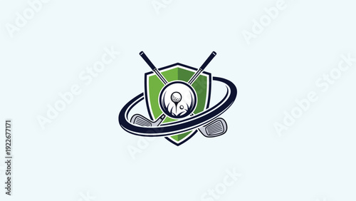 Professional golf tournament logo design featuring clubs and a ball on a green shield with a circular orbiting frame.