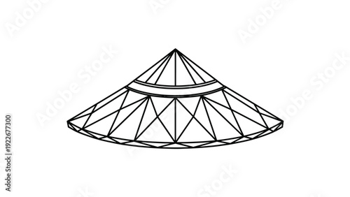 Geometric line art of a traditional conical Asian hat showing the structural ribs and frame of the iconic headwear.