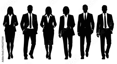 Business Professionals Group Silhouette Vector Icons. Diverse Corporate Team of Men and Women in Formal Suits. Black and White Staff Graphic.