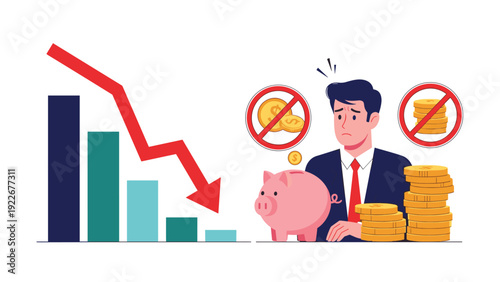 Worried businessman next to a declining financial bar chart with an empty piggy bank and no money symbols shown.