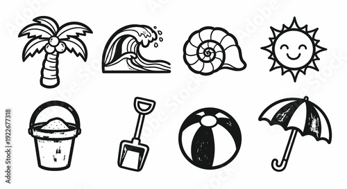 Hand Drawn Black and White Line Art Summer Beach Vacation Icons Set. Doodle Outline Elements Collection for Travel and Holiday Themes like Palm Tree, Sun, Wave, Umbrella.
