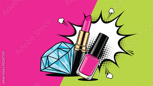 Pop art themed cosmetic illustration featuring a large diamond pink lipstick and nail polish on a vibrant background.