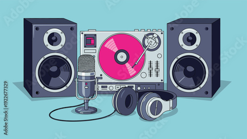 Professional DJ music equipment set including a turntable with record speakers a microphone and headphones.