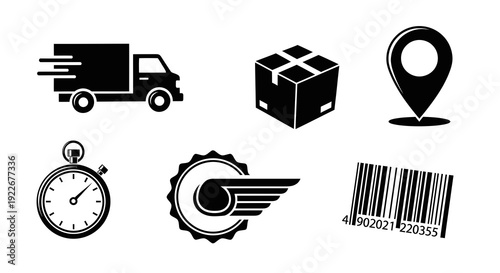 Black  White Glyph Icons of Delivery Truck, Package, Location Pin, Stopwatch, Speed Icon, Barcode