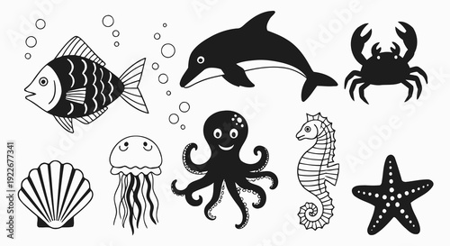 Black and White Hand-Drawn Doodle Art of Diverse Marine Life and Sea Creatures Collection with Fish, Dolphin, Crab, Octopus, Seahorse, Jellyfish, Starfish, Seashell