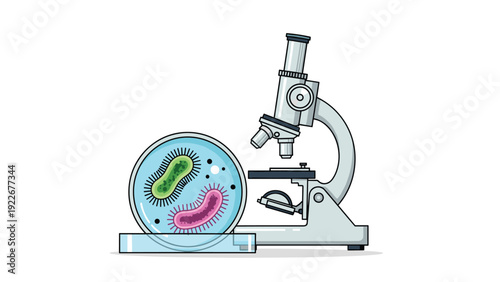 Scientific laboratory equipment with a microscope and a petri dish containing microscopic bacteria or virus cells.