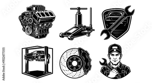 Monochrome Automotive Repair Service Vector Illustrations in Engraving Style: Mechanic, Engine, Tools, Car Parts Collection