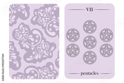 Seven of Pentacles Tarot Card – Minimal Lavender Vector Illustration with Ornamental Back Design