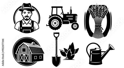 Agriculture Farming and Garden Icons Set. Black and White Vector Glyphs of Farmer, Tractor, Wheat, Barn, Shovel, Watering Can, Plant Symbols.