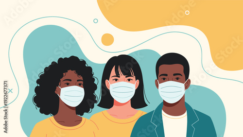 Diverse group of people of various ethnicities wearing medical face masks for protection against viruses on a wavy background.