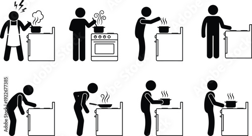 Cooking Safety and Kitchen Activity Silhouette Set Showing Food Preparation, Stove Use, Hot Pot Handling and Domestic Cooking Lifestyle Concepts