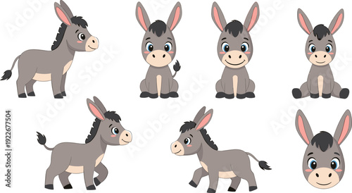 Cute cartoon donkey character set with different poses baby farm animal smiling mascot vector illustration isolated on white background.