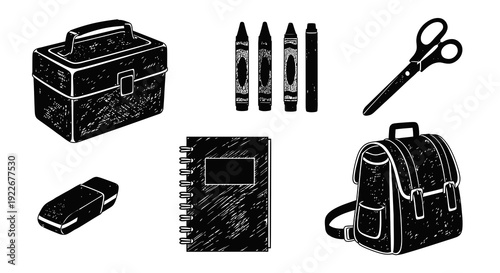 Back to School Education Supplies Set: Hand-drawn Black and White Line Art Icons of Backpack, Crayons, Scissors, Notebook, Eraser, and Pencil Box for Learning Theme.