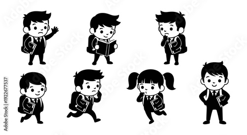 Black and White Glyph Cartoon Students Vector Icon Set. School Children with Backpacks and Books for Education and Learning, Cute Kids Character Collection.