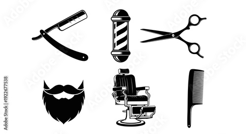 Barbershop Grooming Tools Vector Icons Set. Black and White Stylized Elements for Hair Salon, Shaving, Beard Care, and Men's Hairdressing Business.