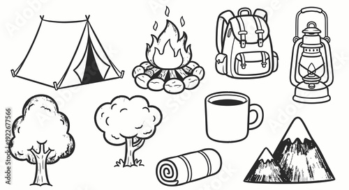 Camping and Outdoor Adventure Elements Set. Hand Drawn Black and White Line Art Icons of Tent, Campfire, Backpack, Lantern, Trees, Mountains, and More.