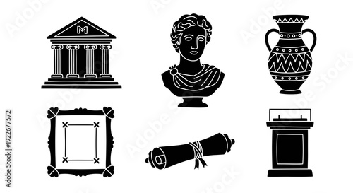 Museum and History Glyph Icons Set featuring Cultural Artifacts: Ancient Vase, Classical Bust, Scroll, Building, Frame, and Display Case in Solid Black Vector Style