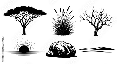 Nature and Safari Elements Silhouettes Vector Art Set: Acacia Tree, Bare Tree, Tall Grass, Sunrise, Rock, and Desert Landscape Glyphs
