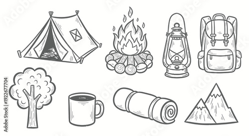 Camping and Outdoor Adventure Set of Hand-Drawn Black and White Line Art Icons. Features Tent, Campfire, Lantern, Backpack, Tree, Mug, Sleeping Bag, Mountains.