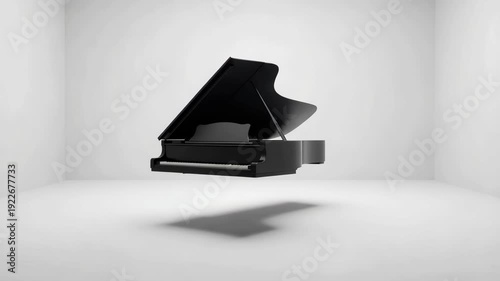 Surreal black grand piano levitating in a minimalistic white room casting a soft shadow below