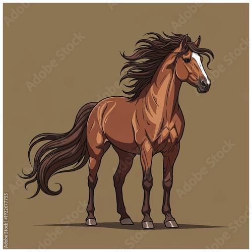 A digital illustration of a brown horse with a flowing mane and tail, presented in a dynamic pose against a solid brown background. Perfect for animal designs, equine themes, and