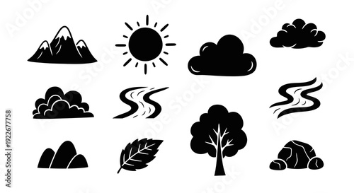 Nature Elements Glyph Icons Set. Solid Black Outdoor and Environment Symbols with Mountains, Sun, Clouds, Rivers, Trees, Leaf, and Rocks in a Minimalist Style.