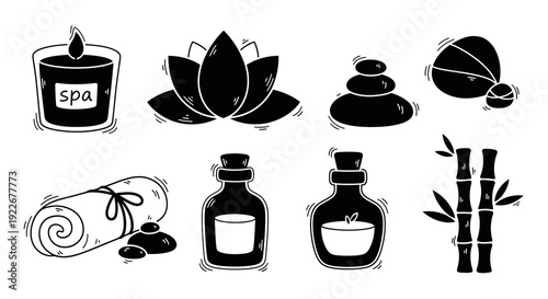 Hand-Drawn Black and White Glyph Spa and Wellness Icons Set for Relaxation, Beauty, and Therapy. Includes Candle, Lotus, Stones, Towel, Oils, Bamboo Symbols.