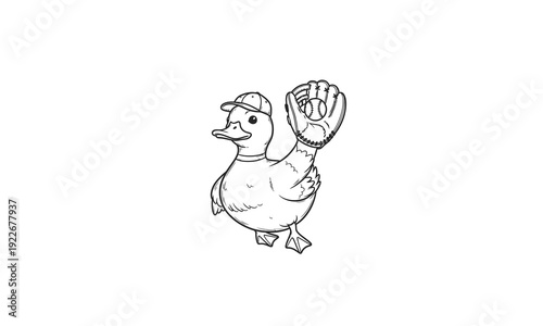 Cartoon Duck Wearing Baseball Cap and Glove.