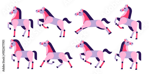 Geometric horses set pink purple different poses. Collection of folk art horses in various poses. Equine vector illustration.