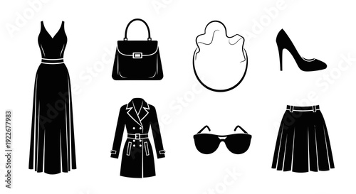 Women's Fashion Clothing and Accessories Icons Set in Black and White Silhouette Style. Elegant Glyphs of Apparel, Handbags, Shoes, and Eyewear for Style.