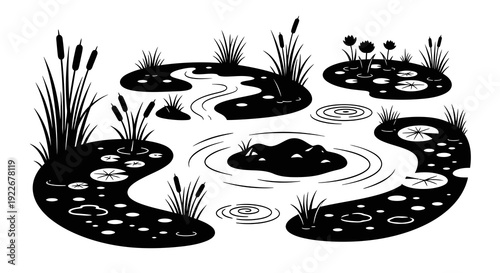 Nature and Ecology Wetland Ponds Black and White Silhouette Vector Illustration with Water Lilies, Cattails, and Ripples.