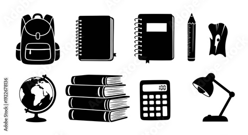 Black and White School Supplies Glyph Icons: Backpack, Books, Calculator, Globe, Lamp, Pencil, Sharpener