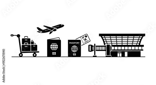 Airport and Air Travel Journey Glyph Icon Set. Black and White Solid Icons Depicting Luggage, Passport, Plane, Terminal.