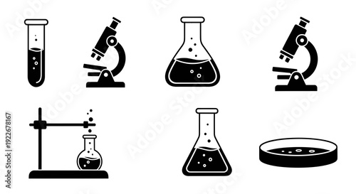Black and white icons of scientific laboratory equipment on white background, flat design