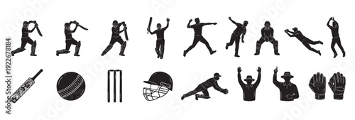 Cricket silhouette icons set with players ball bat and wickets on white background