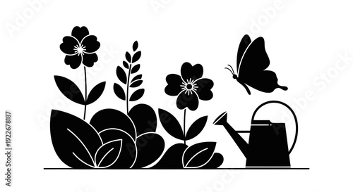 Gardening and Nature Glyph Icon: Black and White Minimalist Illustration of Flowers, Plants, Butterfly, and Watering Can. Spring Growth and Horticulture Vector Art.