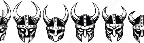 Viking helmet engraving collection medieval warrior horned helmets vector illustration set