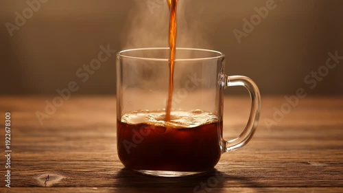 Pouring hot coffee into a clear glass mug on a wooden table