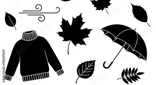 Autumn Fall Season Weather Elements Black and White Glyph Set. Minimalist Solid Icons: Maple Leaves, Wind, Umbrella, Sweater. Seasonal Vector Illustration.