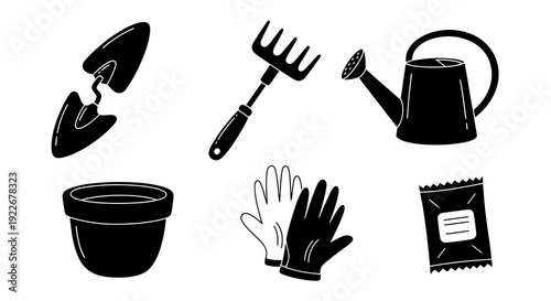 Horticulture Gardening Tools Glyph Icon Set - Black and White Vector Illustration for Planting, Agriculture, and Plant Care Supplies