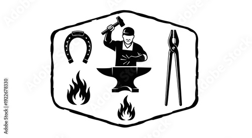 Blacksmith Metalwork Craftsman Working with Hammer, Anvil, Horseshoe, Tongs, and Fire Flames - Black and White Glyph Vector Illustration