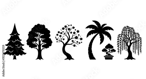 Botanical Nature Tree Silhouettes Vector Collection. Black and white glyph icons of various trees: pine, deciduous, flowering, palm, bonsai, and willow designs.