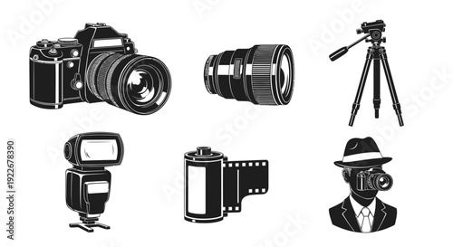 Black and White Photography Equipment Vector Icons Set. Vintage Glyph Art Illustrations of Camera, Lens, Tripod, Flash, Film, and Photographer for Media.