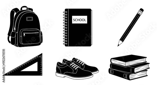 Black and White Line Art of School Supplies: Backpack, Notebook, Pencil, Ruler, Shoes, Books