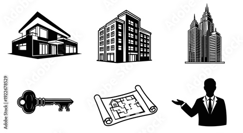 Real Estate Icons: House, Apartment Building, Skyscraper, Key, Blueprint, Agent - Black and White Vector Icons